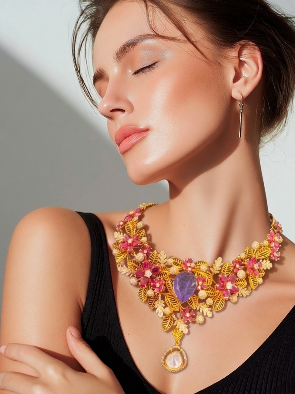 Elegant Gold Floral Statement Necklace with Pink Accents